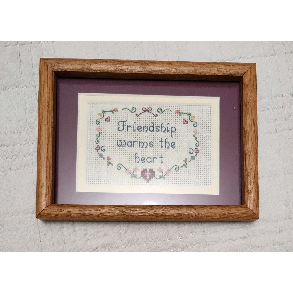 VTG 4 x 6 Friendship Warms The Heart Needlepoint Framed Picture